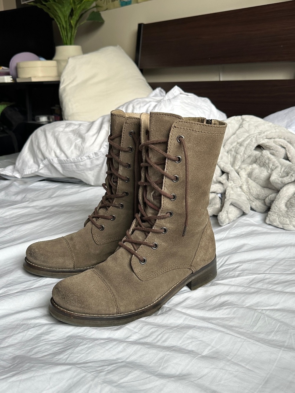 All Saints Suede Lace-Up Combat Boots - Taupe Brown